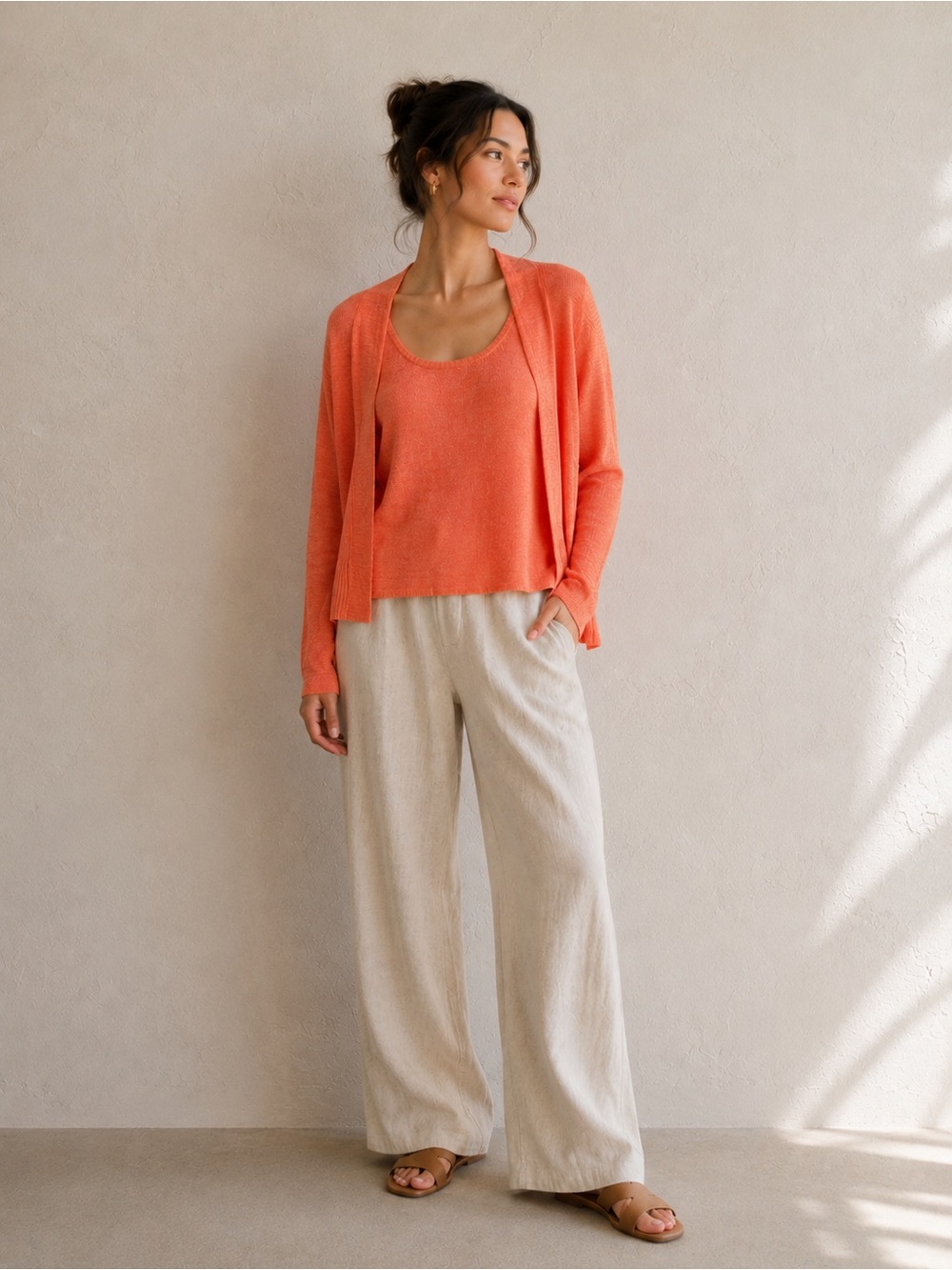 Eileen Fisher Coral Knit Open-Front Cardigan with Tank